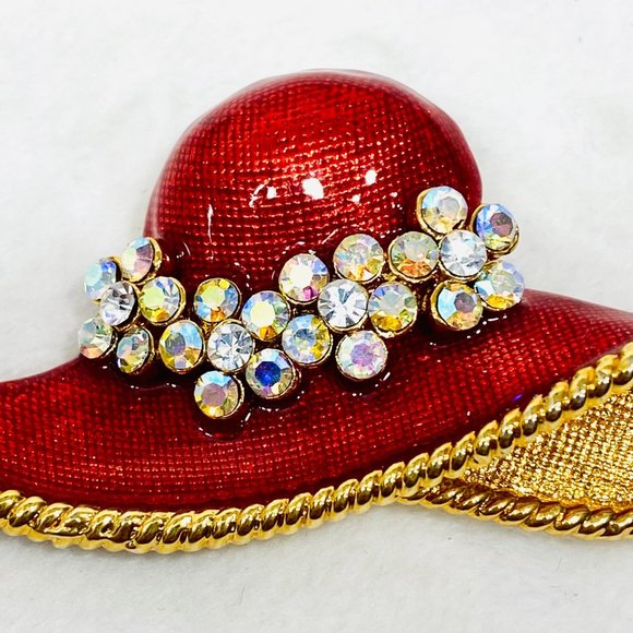 Vintage Red Hat Enameled Brooch w/AB Crystals - Large Brooch - Picture 3 of 6